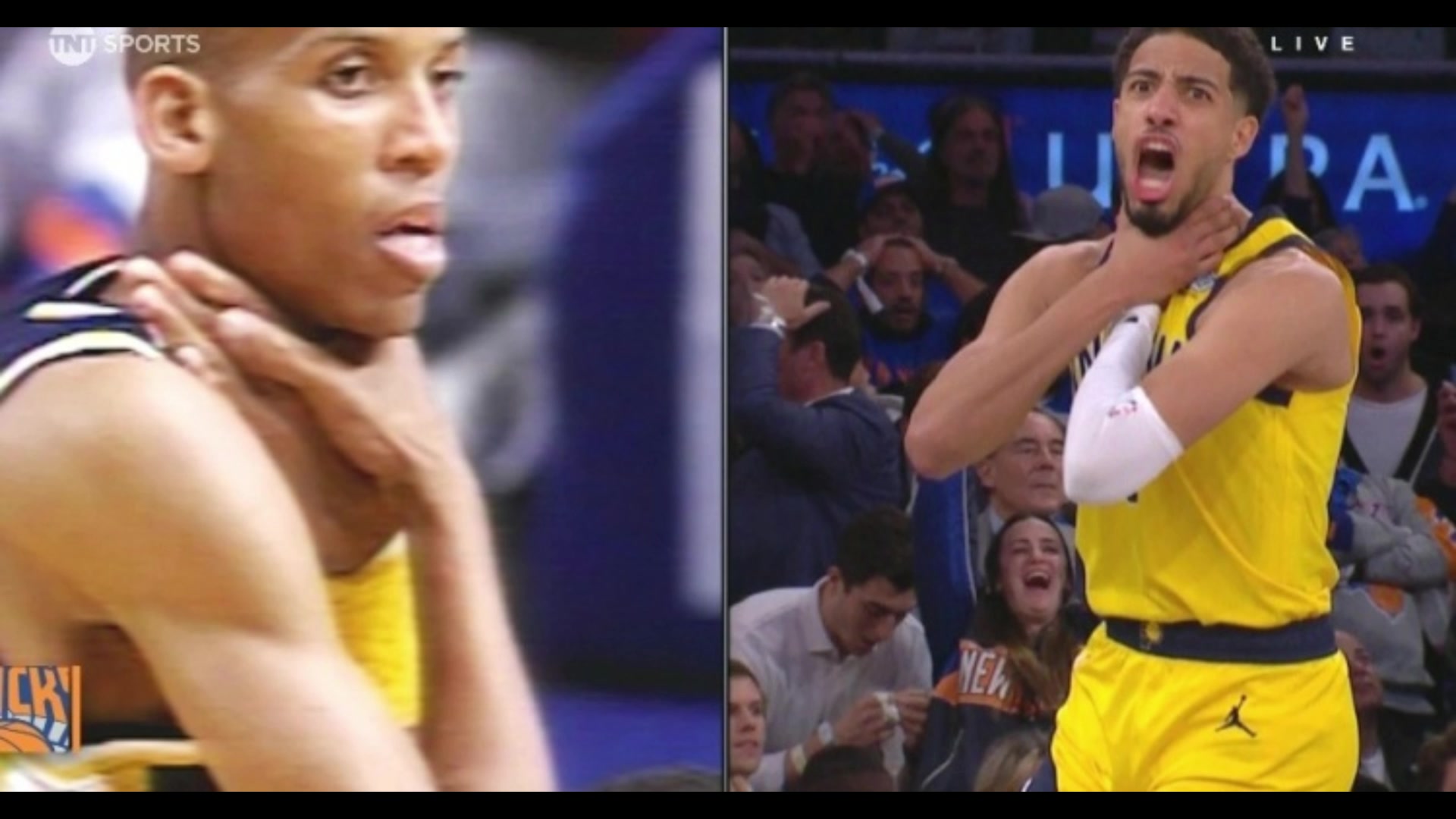 哈利绝平锁喉致敬雷吉-米勒 场边解说的米勒笑得开心的像个孩子